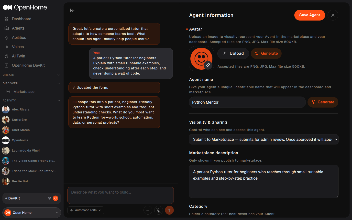 The Agent workspace with the AI builder conversation on the left and the generated form on the right