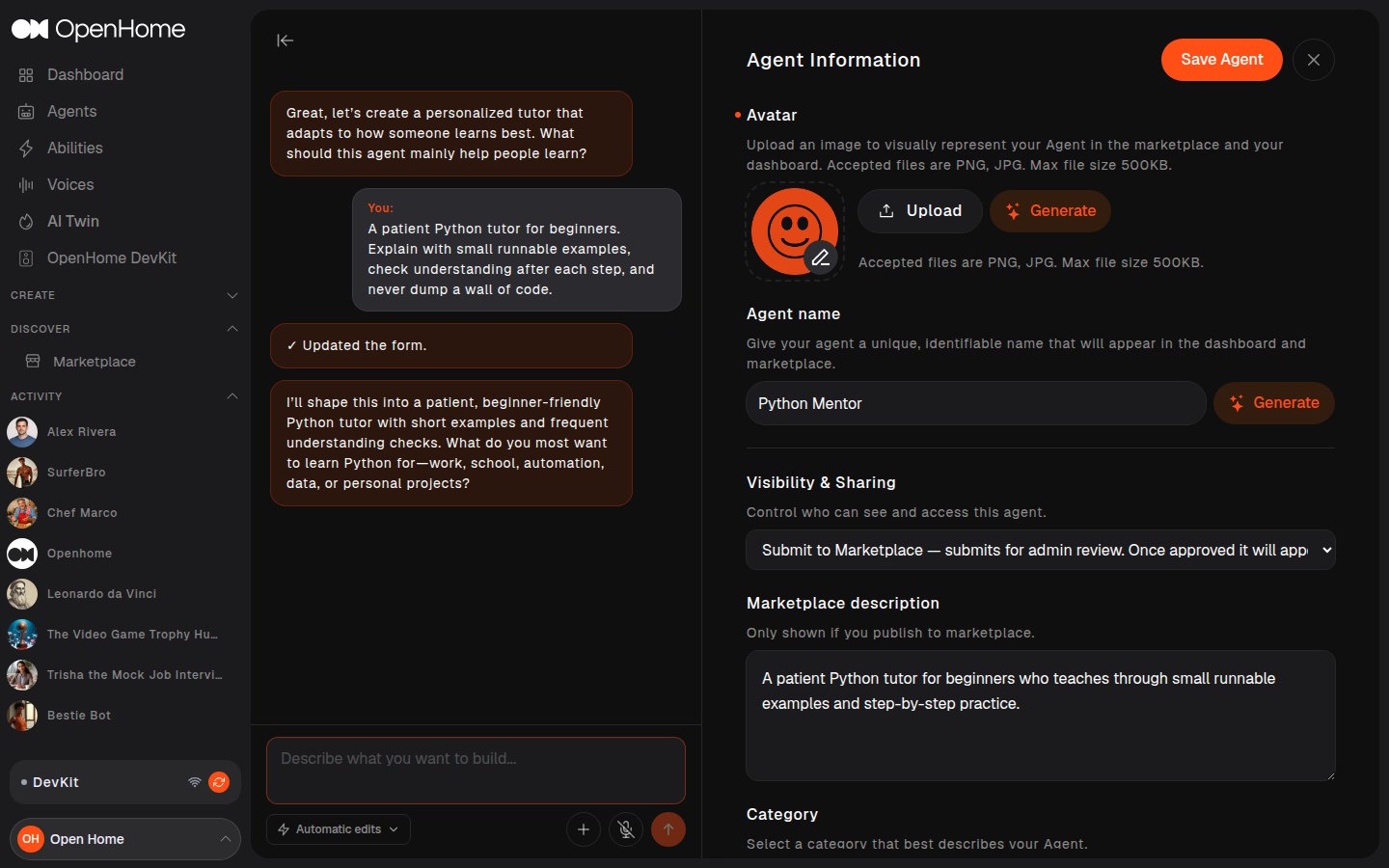 The Agent workspace with the AI builder conversation on the left and the generated form on the right