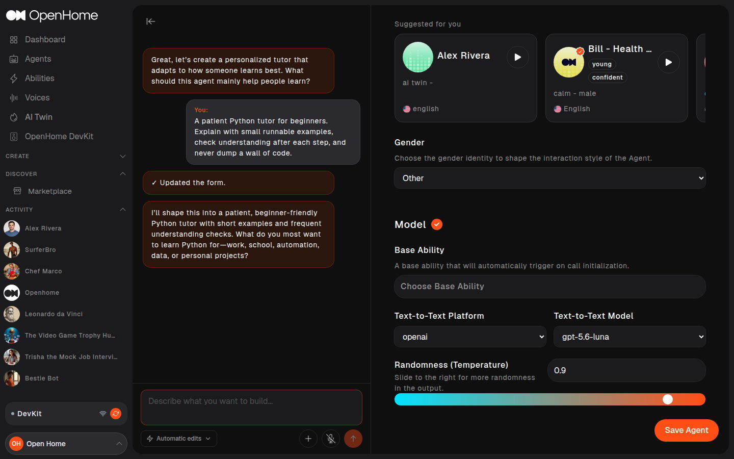 Model section of the Agent workspace with the LLM platform and model