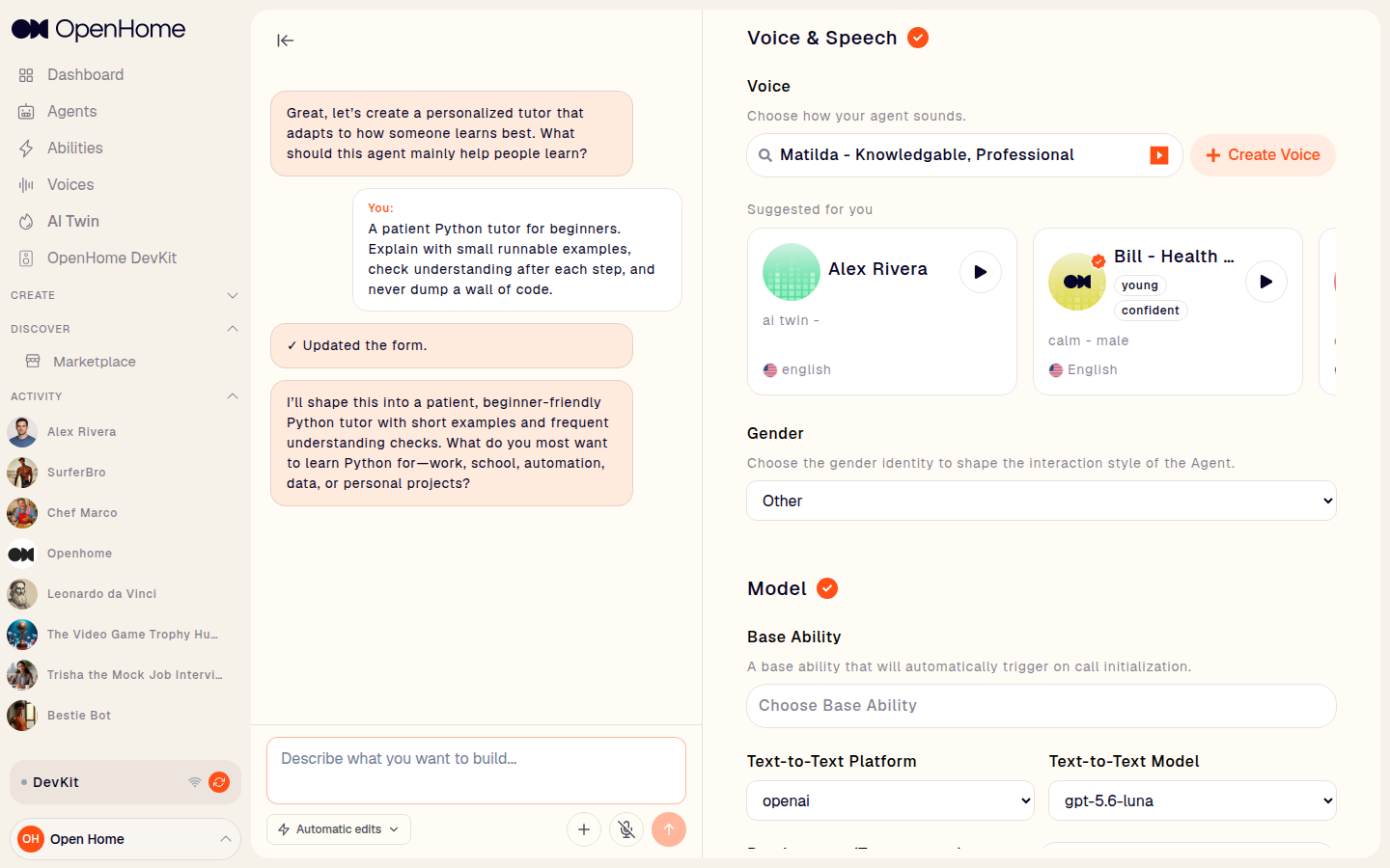 Voice and Speech section of the Agent workspace