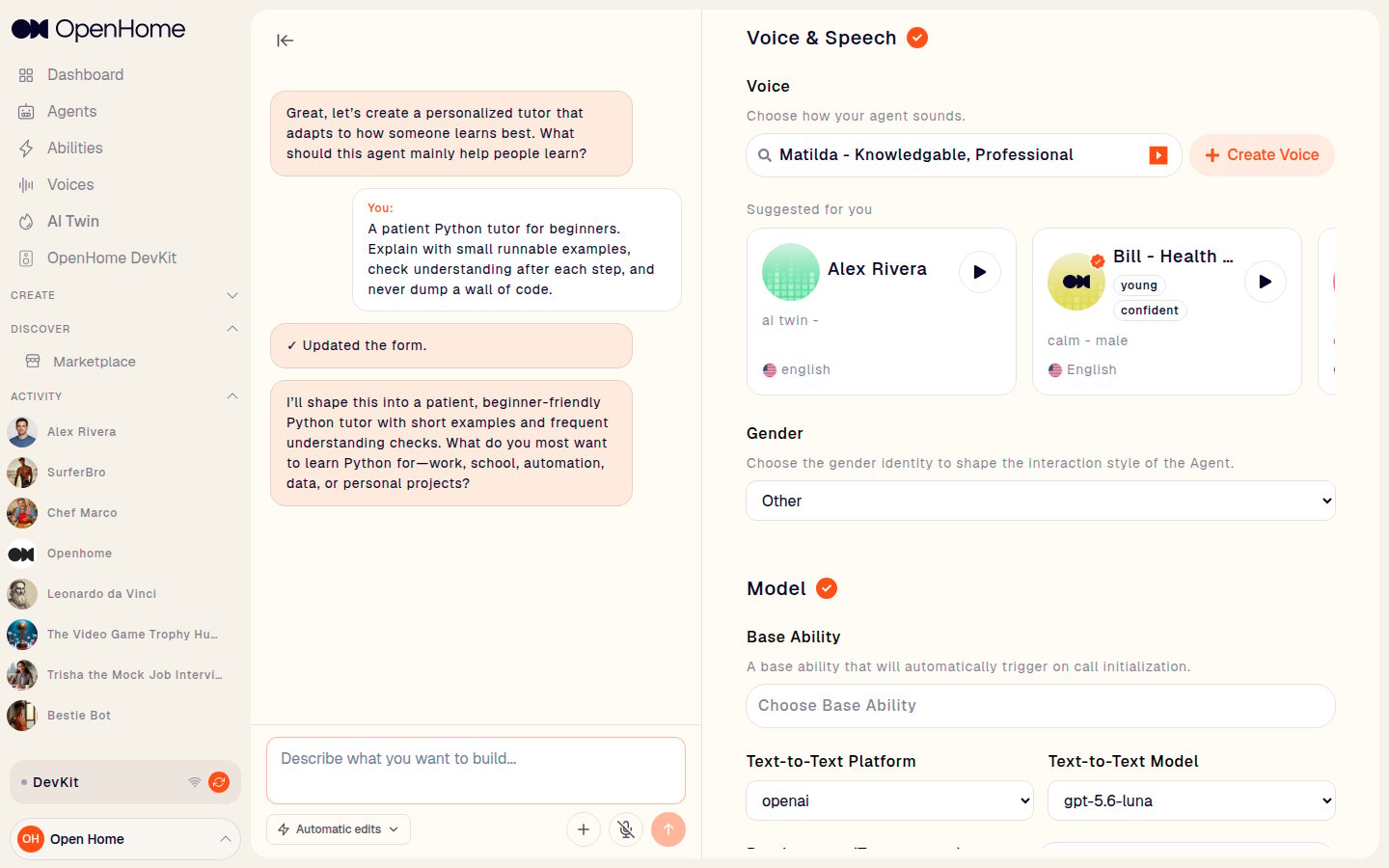 Voice and Speech section of the Agent workspace