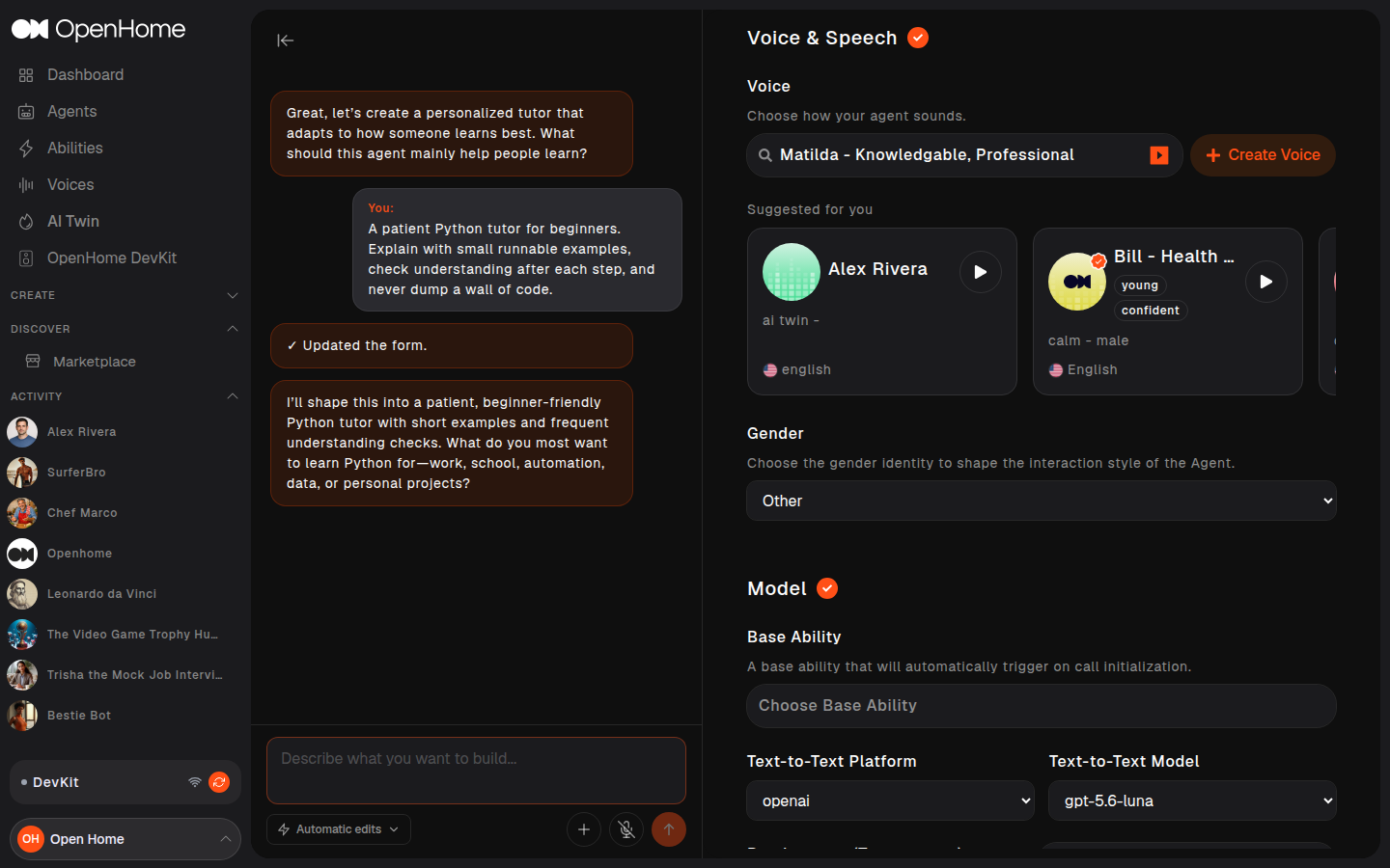 Voice and Speech section of the Agent workspace
