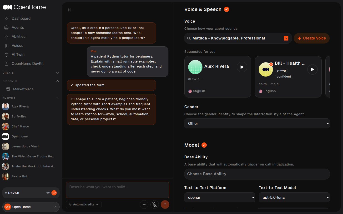 Voice and Speech section of the Agent workspace
