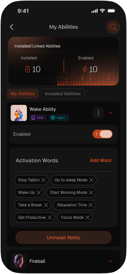 An Ability expanded, showing its trigger words