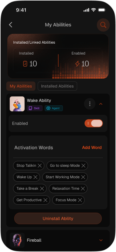 An Ability expanded, showing its trigger words