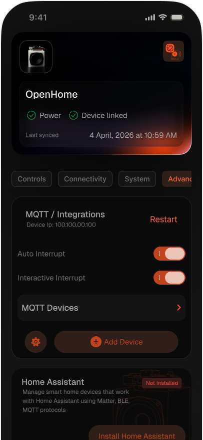 Advanced tab with the MQTT / Integrations card