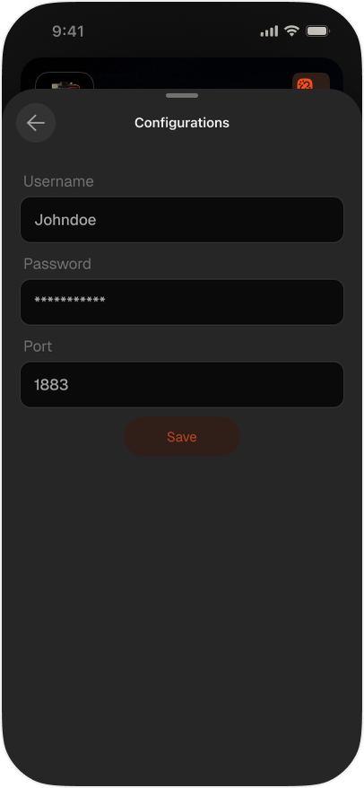 MQTT broker configuration with username, password, and port