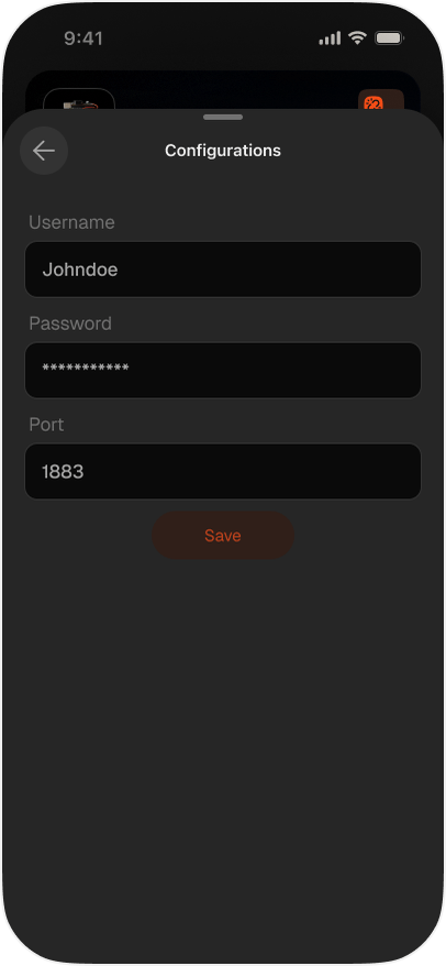 MQTT broker configuration with username, password, and port