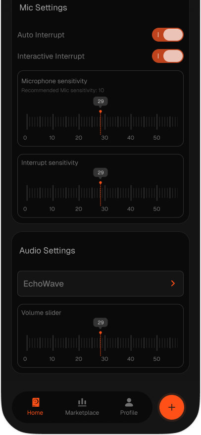 Mic Settings and Audio Settings with sensitivity and volume sliders