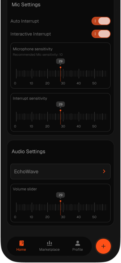 Mic Settings and Audio Settings with sensitivity and volume sliders