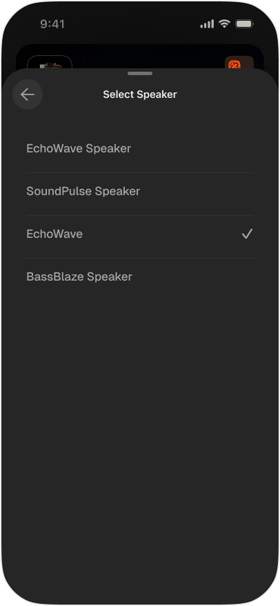 Select Speaker sheet listing available speakers