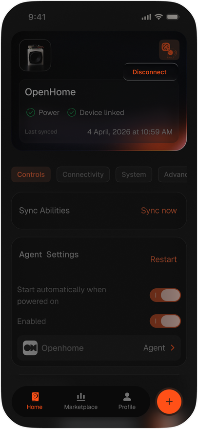 Home tab with the device card and the Disconnect control