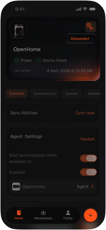 Home tab with the device card and the Disconnect control