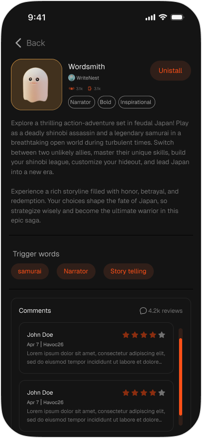 Agent listing with trigger words and reviews