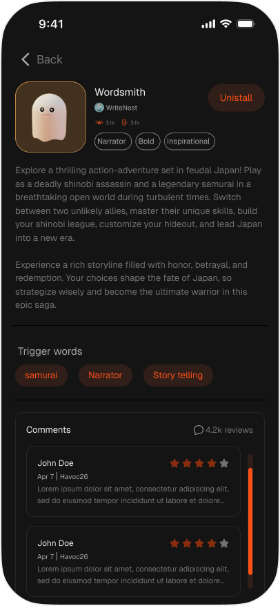 Agent listing with trigger words and reviews