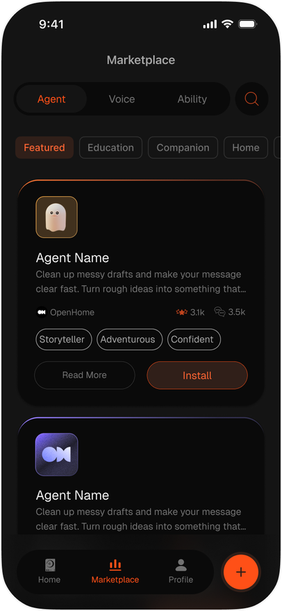 Marketplace Agent section with category chips
