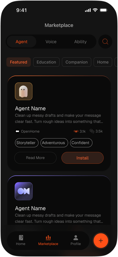 Marketplace Agent section with category chips