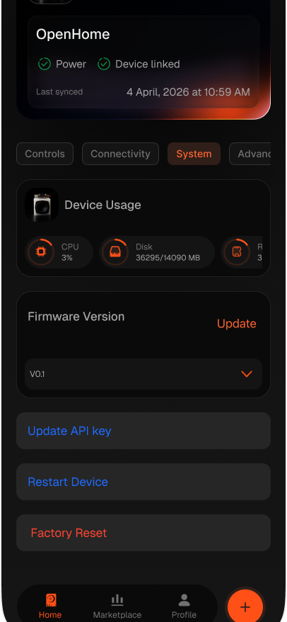 System tab with Device Usage, Firmware Version, and device actions