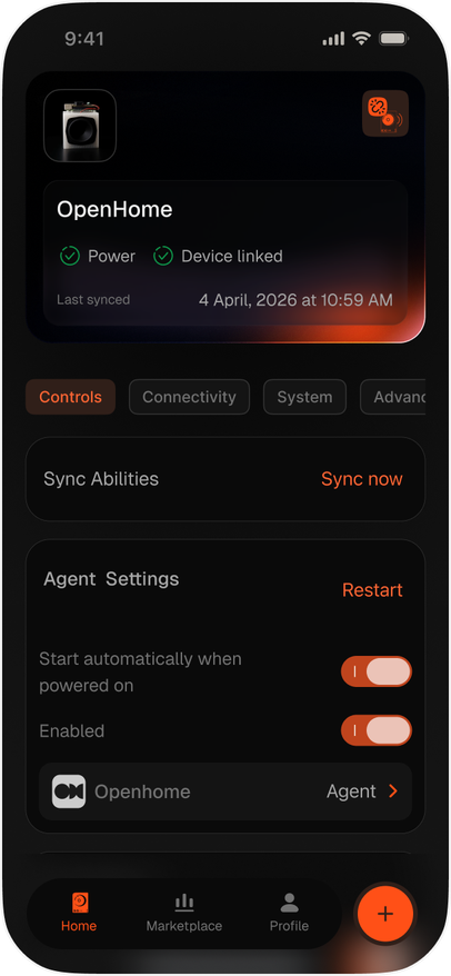 Home tab shown right after onboarding completes, with Power and Device linked