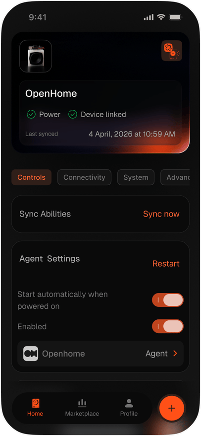 Home tab shown right after onboarding completes, with Power and Device linked