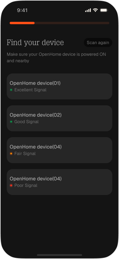 Find your device, listing nearby devices with signal quality