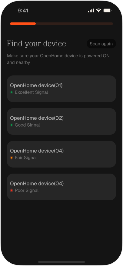 Find your device, listing nearby devices with signal quality