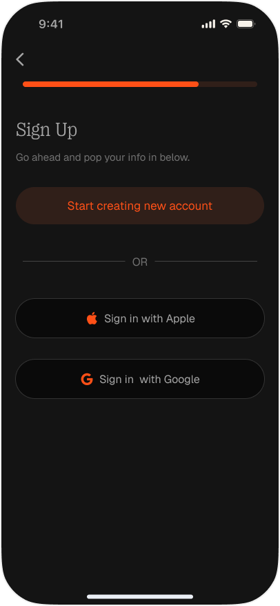 Sign Up screen, with Start creating new account and Apple or Google sign-in