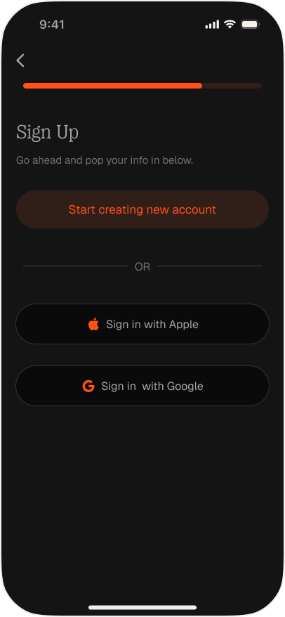 Sign Up screen, with Start creating new account and Apple or Google sign-in