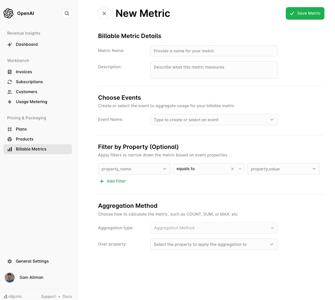 New Metric form: metric name and description, event selection, optional property filters, and the aggregation type and property