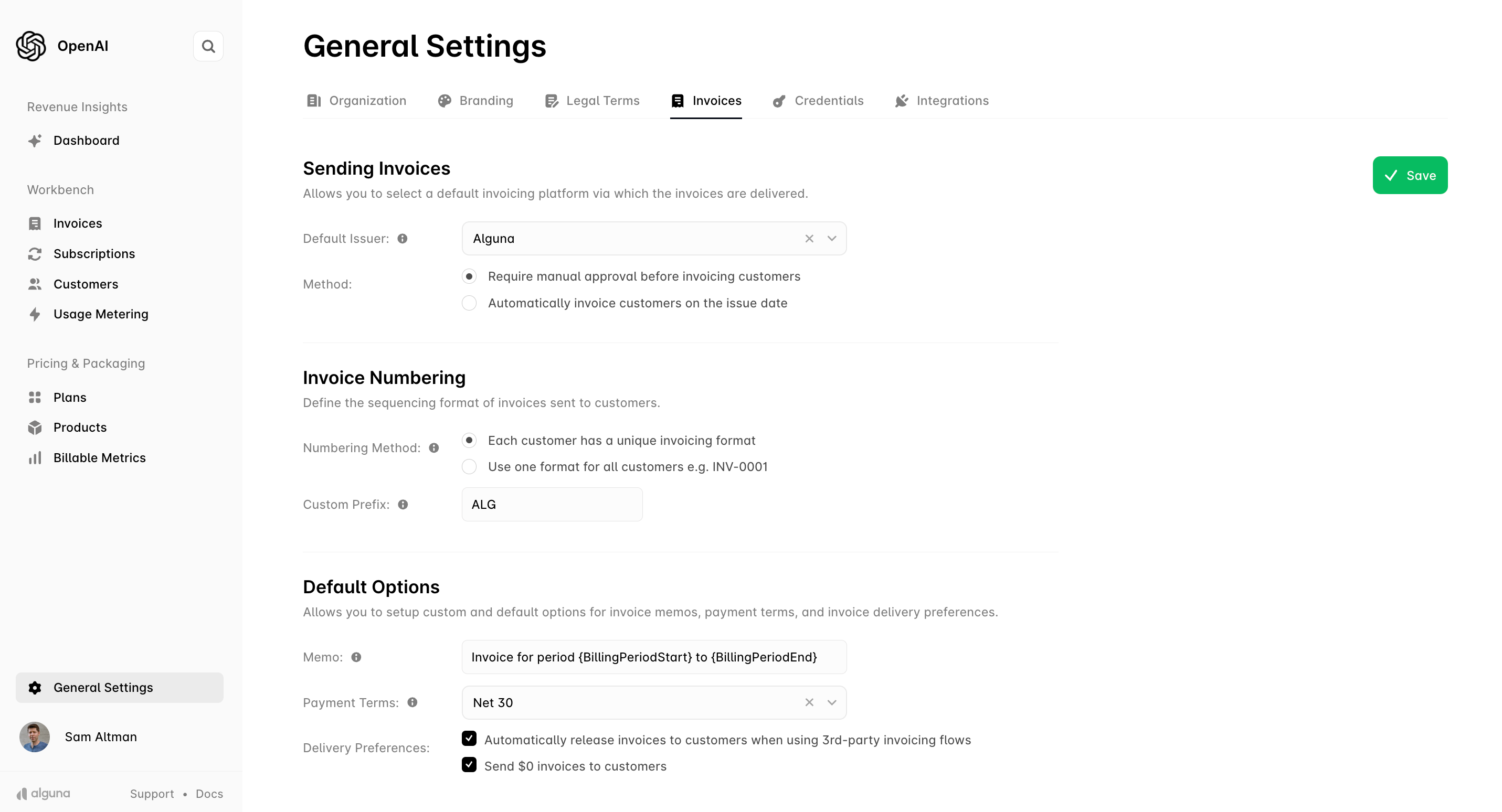 Invoicing Configuration - Alguna Docs