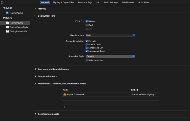 XCFrameworks configurados como Embed Without Signing