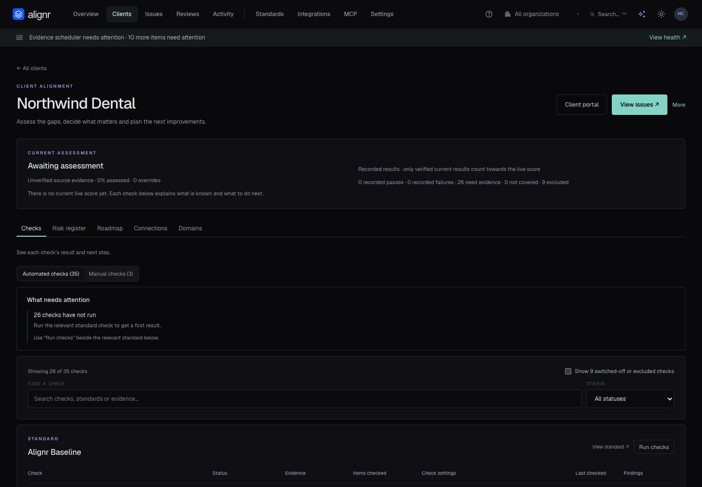 A demo client's Checks tab showing automated and manual check choices, coverage information, filters and controls needing evidence.