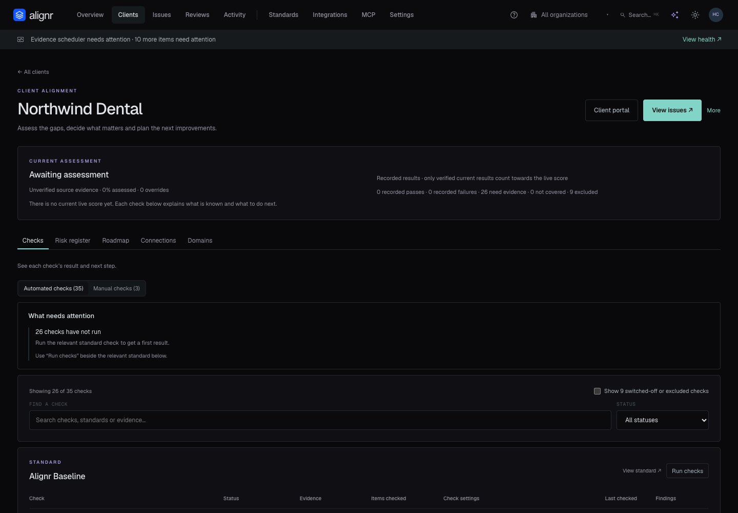 A demo client's Checks tab showing automated and manual check choices, coverage information, filters and controls needing evidence.