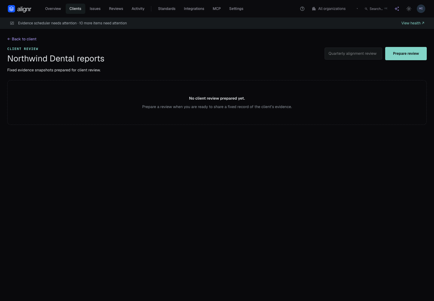 Client reports screen with a report-name field and Prepare review action for a demo client.