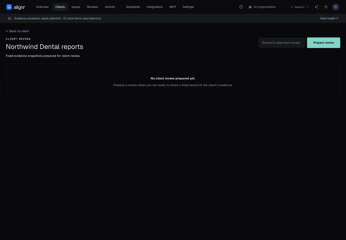 Client reports screen with a report-name field and Prepare review action for a demo client.