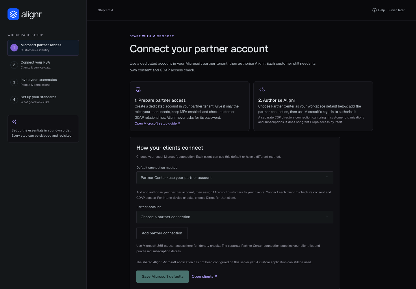 Alignr setup wizard showing four steps, partner access guidance, the default connection method and partner account selector.