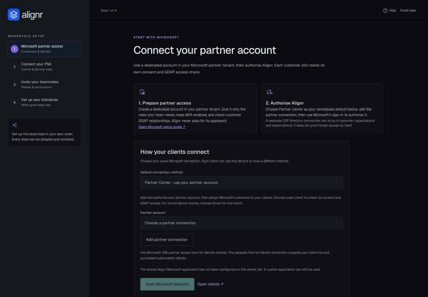 Alignr setup wizard showing four steps, partner access guidance, the default connection method and partner account selector.