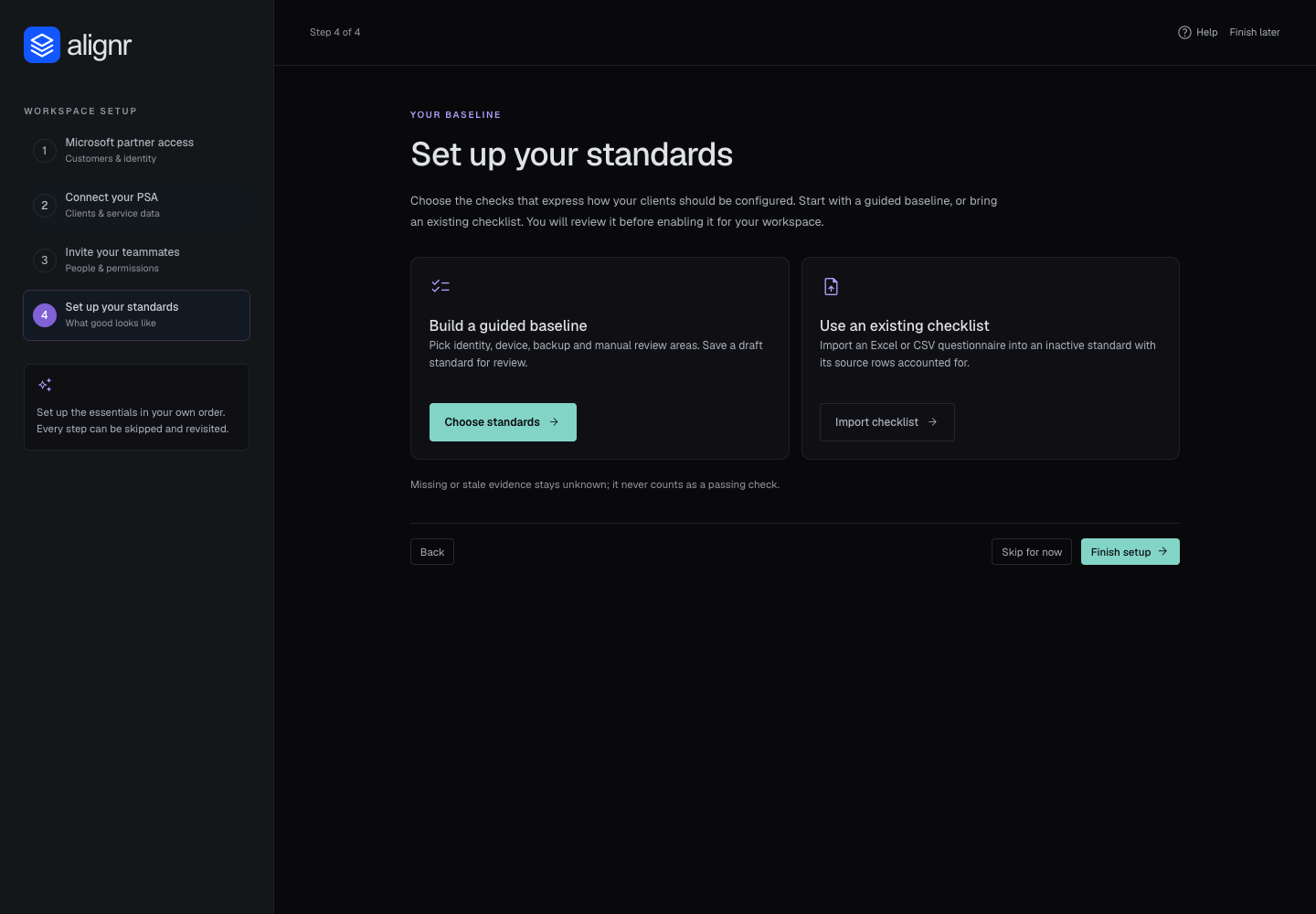 The standard setup step in the Alignr wizard, with its available baseline starting choices.