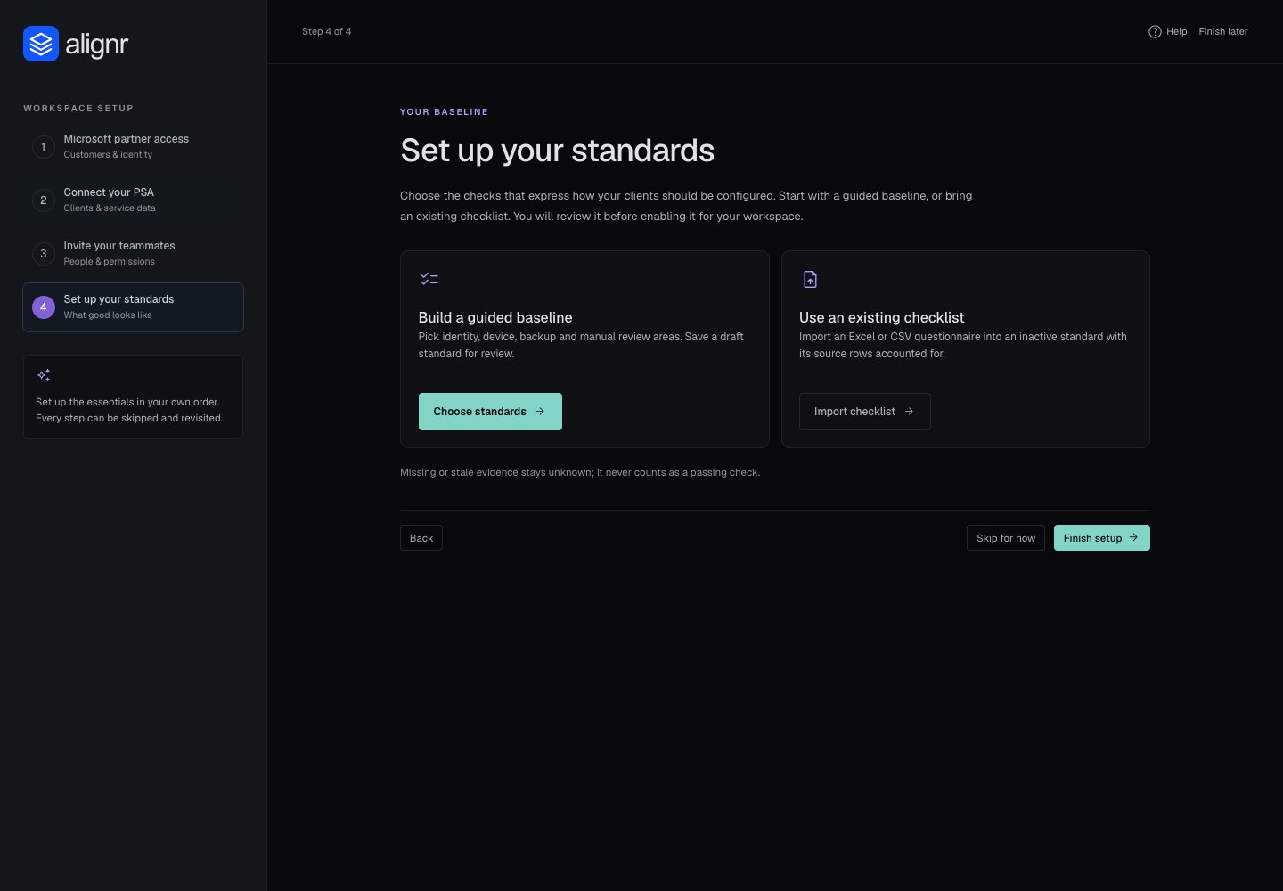The standard setup step in the Alignr wizard, with its available baseline starting choices.