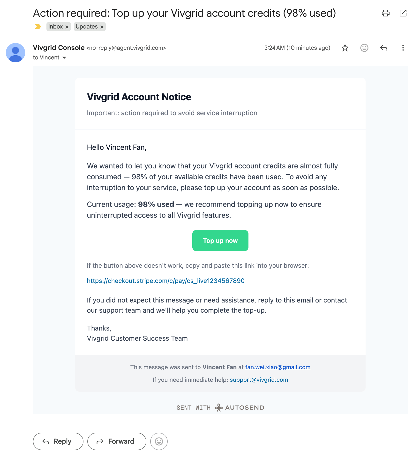 Send email via Autosend on vivgrid