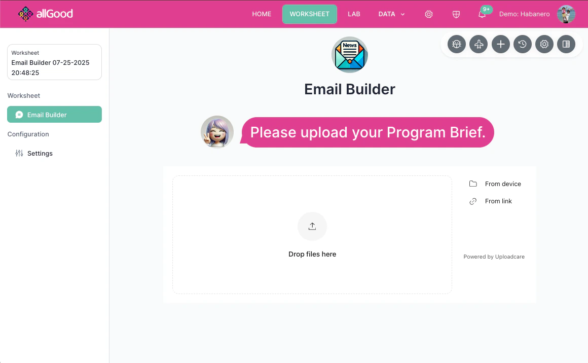 Mary Chat window showing the upload screen to share the campaign brief.