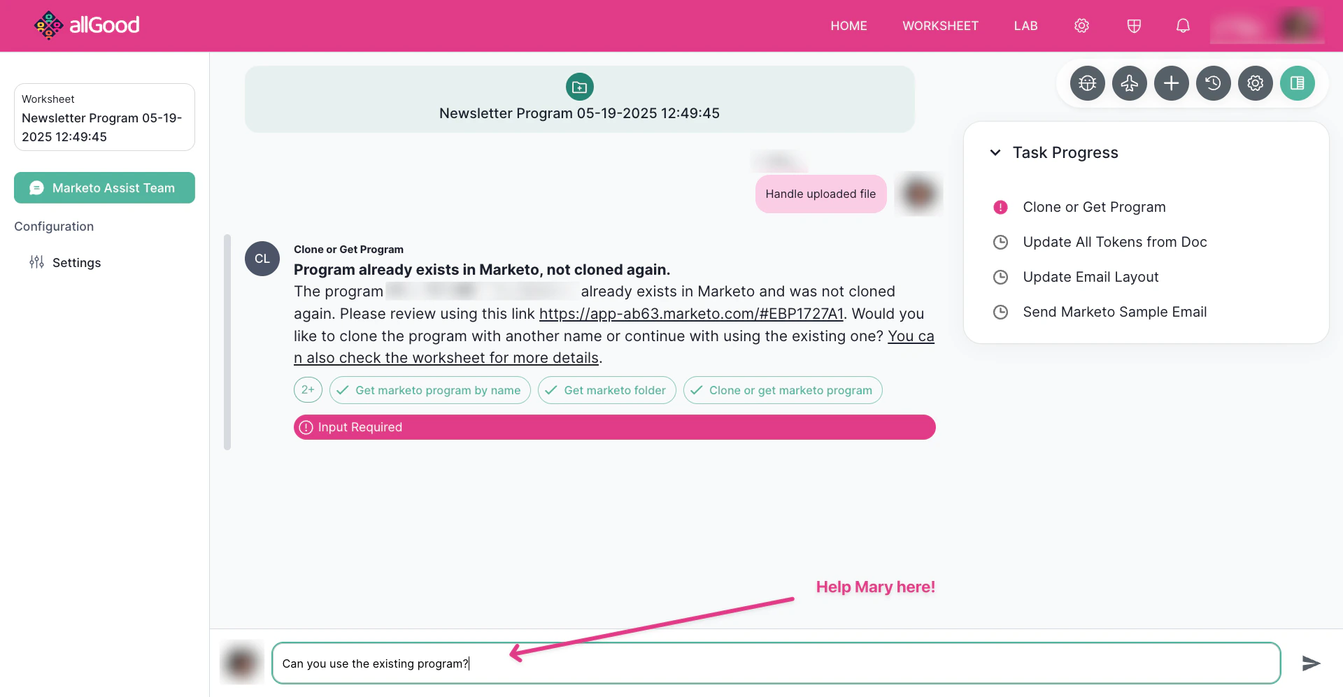 Mary Chat window requesting user input.
