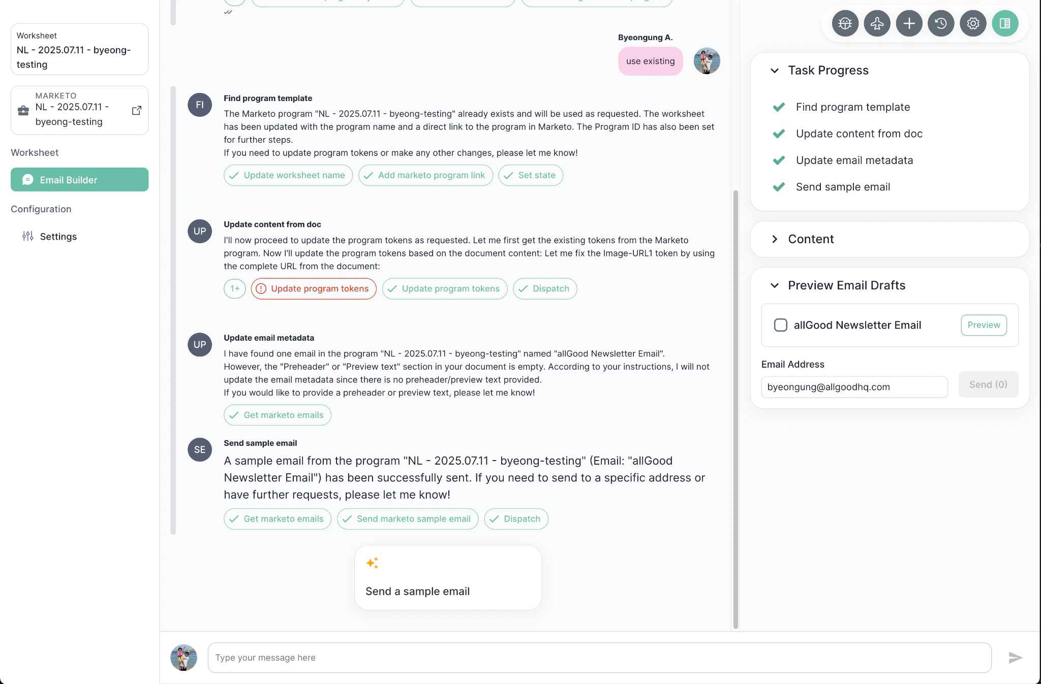 Mary Chat window showing campaign build progress.