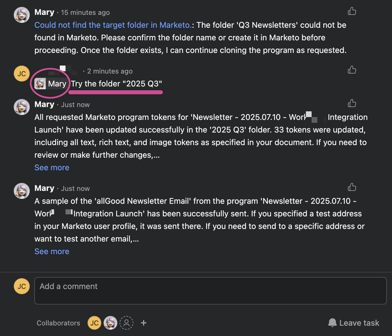 Asana comment interface with Mary mention and response example