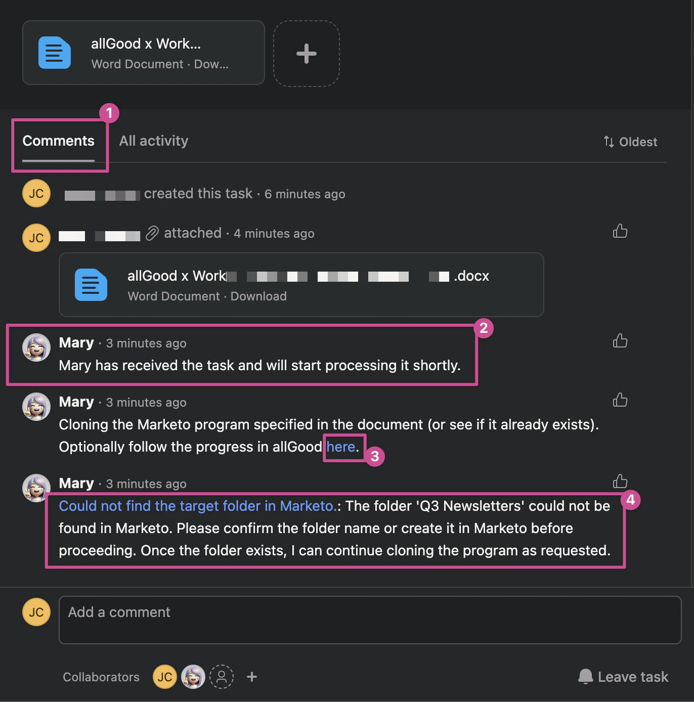 Asana task comment from Mary with processing confirmation and worksheet link