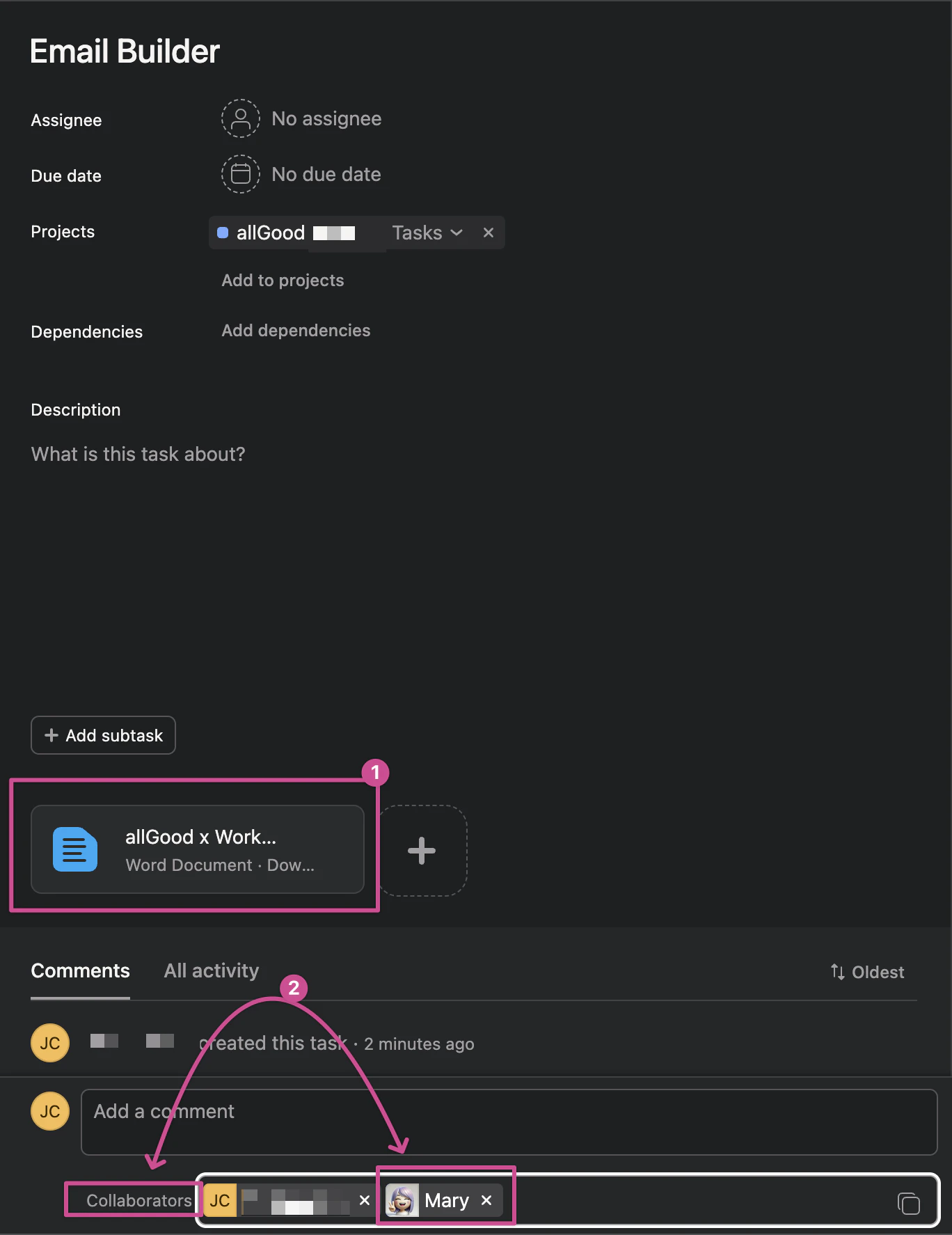 Asana task interface with file attachment and collaborator assignment options