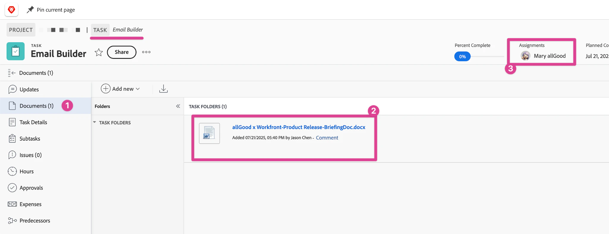 Workfront task interface with uploaded campaign brief and Mary as assignee