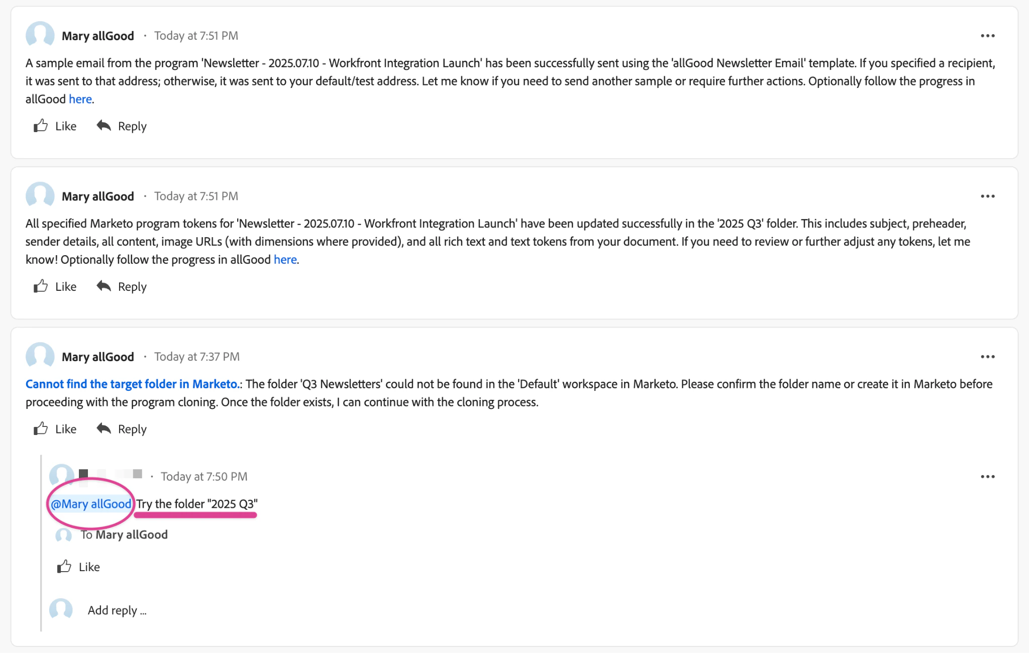 Workfront comment interface demonstrating Mary mention usage