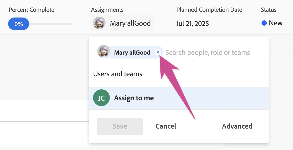 Workfront unassign button for Mary