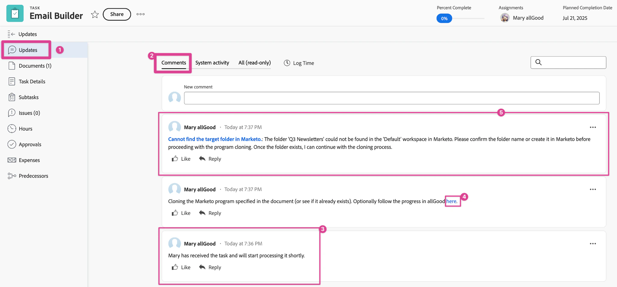 Workfront task updates showing Mary's initial processing comment and worksheet link